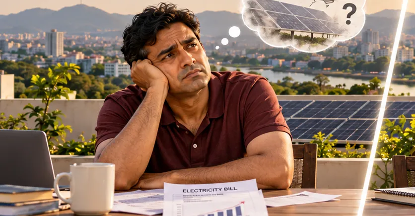 Worried solar plant owner who has stopped paying attention to the plant