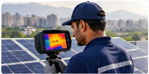 Technician auditing a solar plant with thermal camera