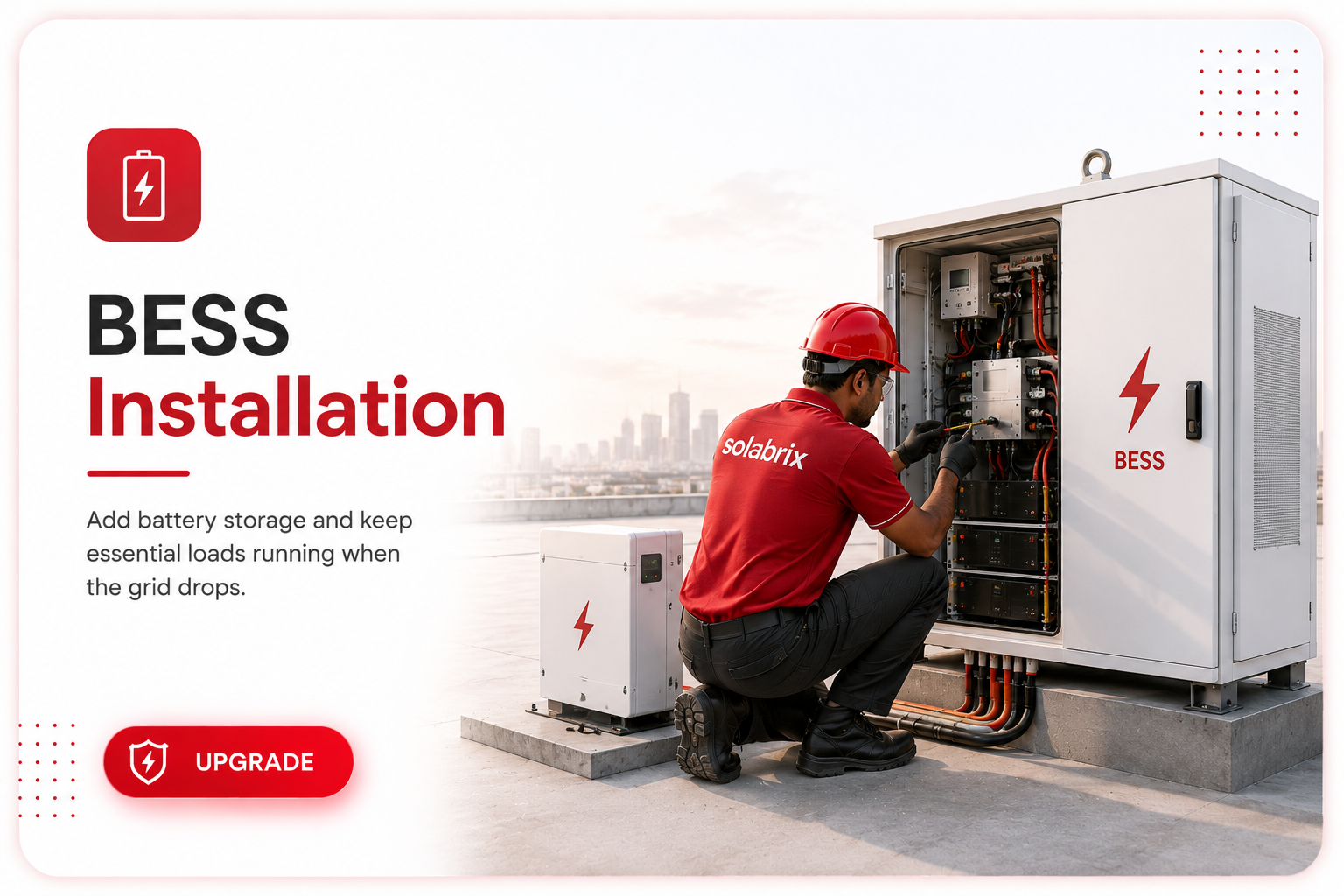 BESS installation — battery storage to keep essential loads running when the grid drops